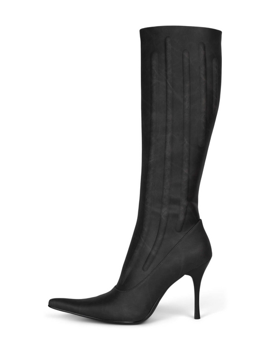 Dark Gray Pointed-Toe Padded Full-Zip Mid Calf Stiletto Boots