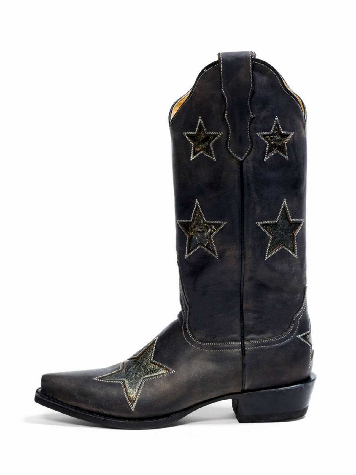 Black Snip-Toe Metallic Star Inlay Wide Mid Calf Cowgirl Boots