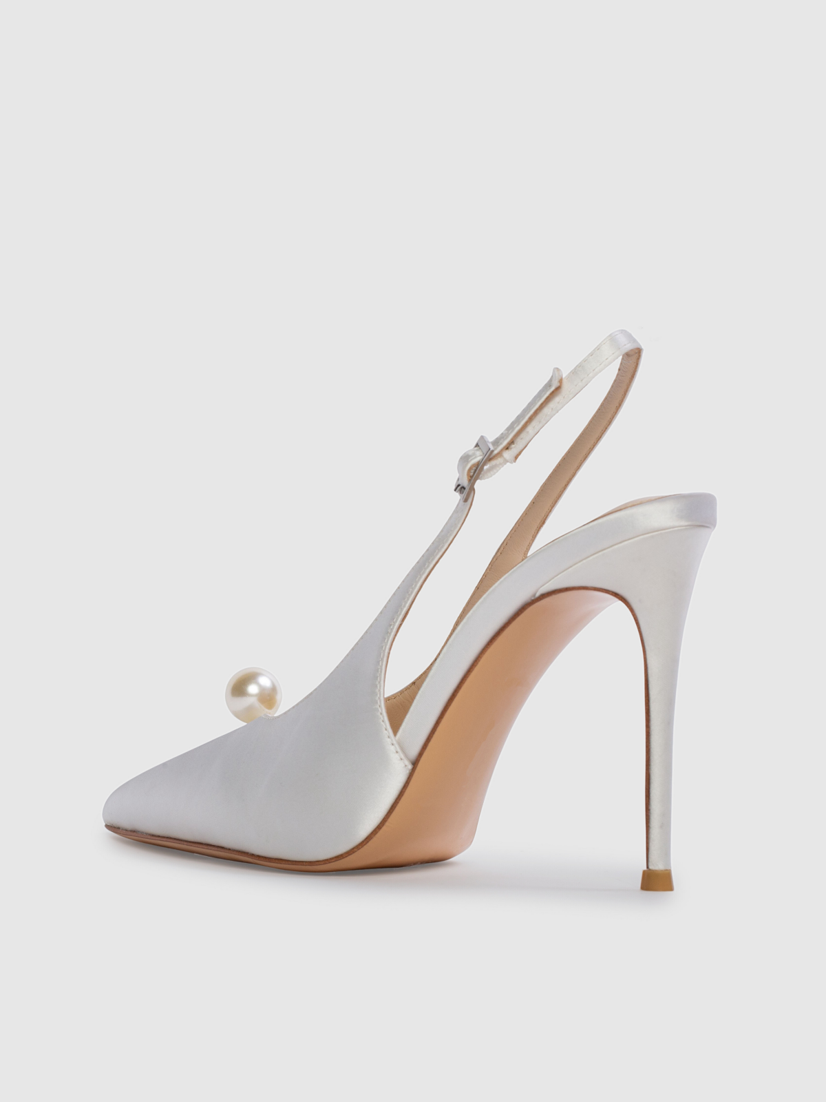 White Satin Pointed-Toe Slingback Pump High Heels With Pearl