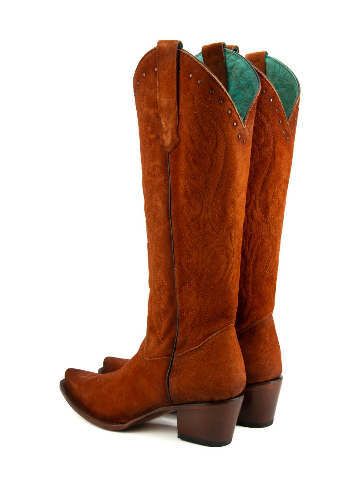 Brown Faux Suede Eagle Embroidery Studded Snip-Toe Half-Zip Tall Knee High Cowgirl Boots