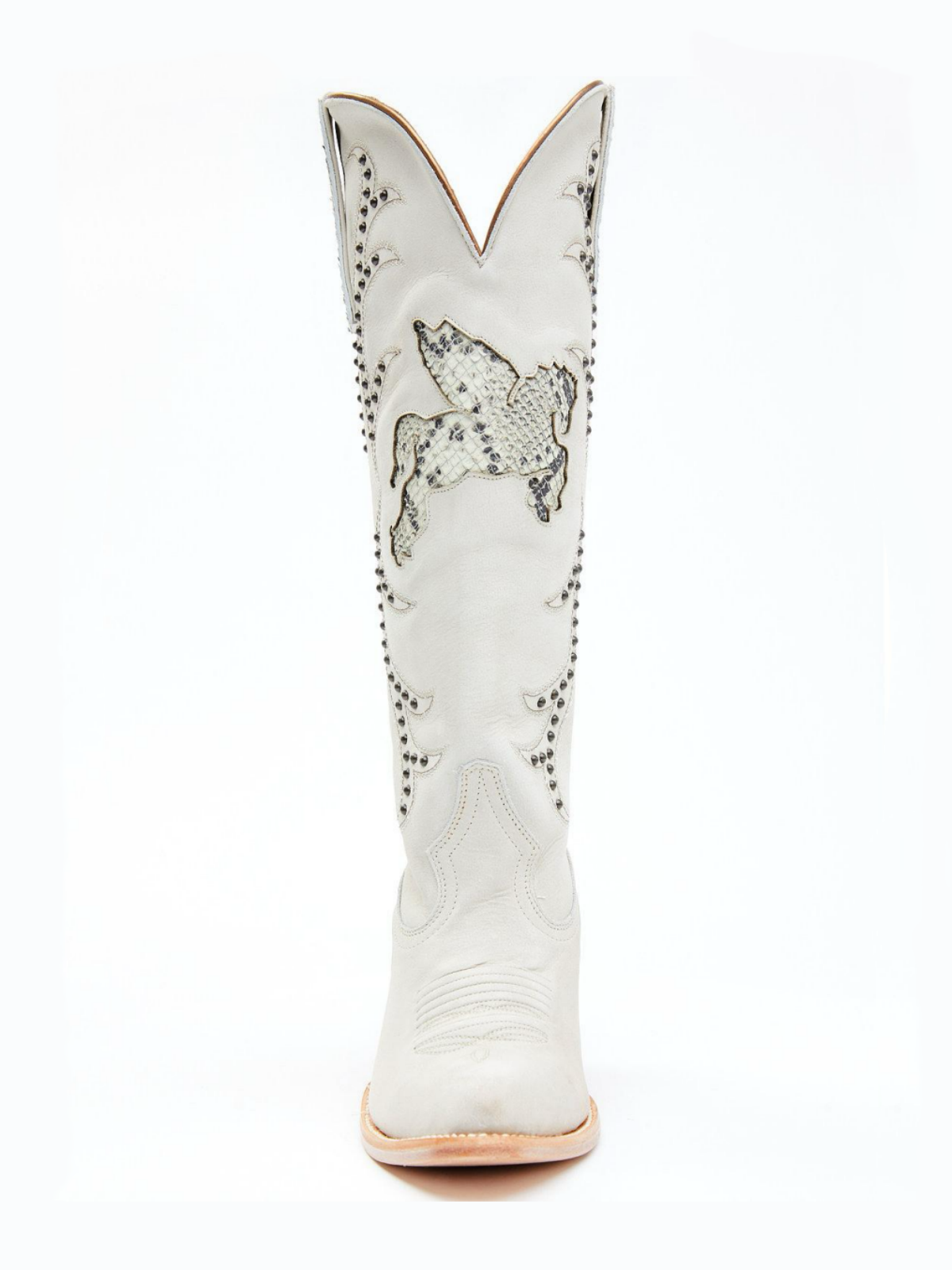 White Almond-Toe Studded Pegasus Inlay Wide Mid Calf Tall Cowgirl Boots