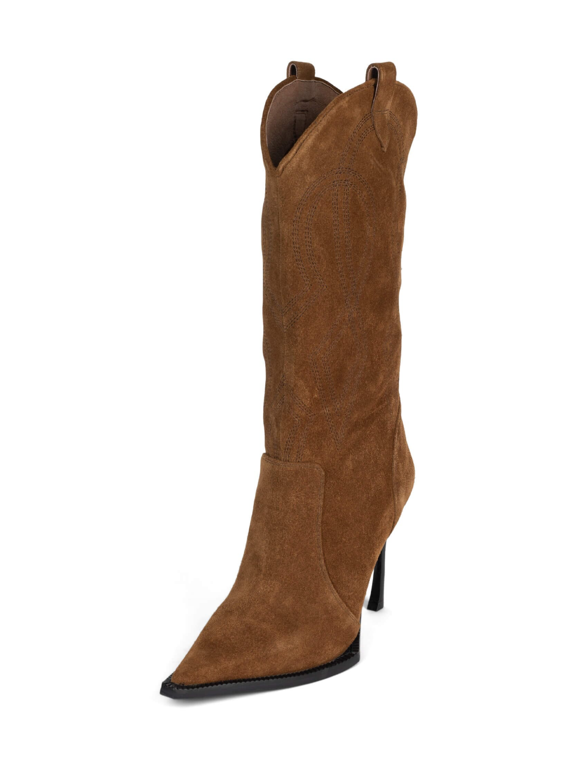 Dark Tan Faux Suede Pointed-Toe Embroidery Mid Calf Stiletto Boots