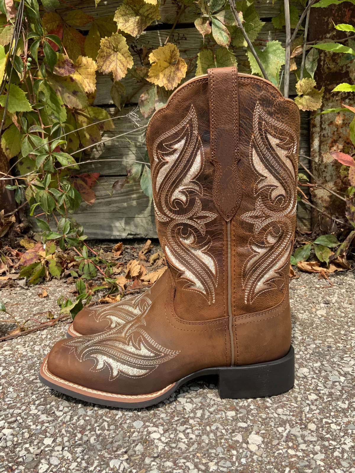 Brown Square-Toe Inlay With Glitter Embroidery Wide Mid Calf Cowgirl Boots