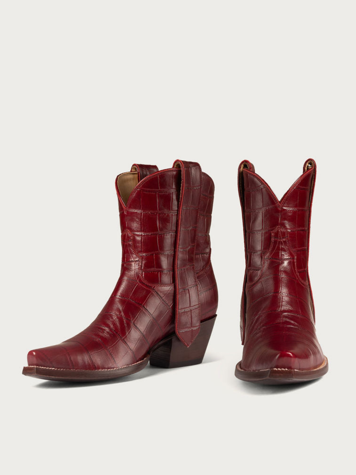 Wine Red Crocodile-Embossed Snip-Toe Wide Mid Calf Cowgirl Boots