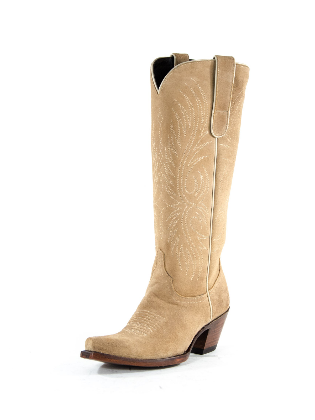 Tan Faux Suede Embroidery Snip-Toe Wide Mid Calf Cowboy Tall Boots For Women