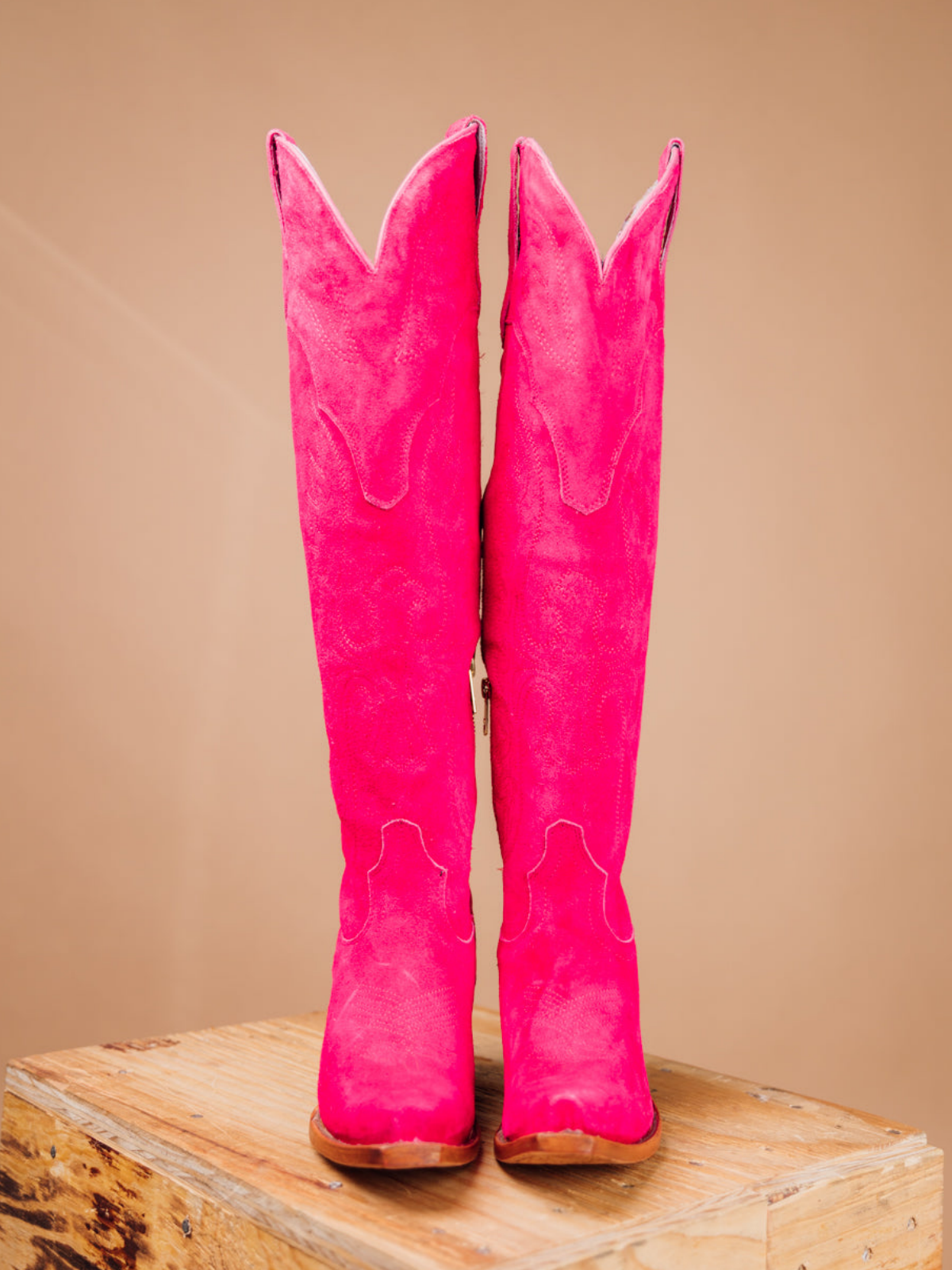 Eagle Embroidery Snip-Toe Half-Zip Over-The-Knee Tall Cowgirl Boots - Fuchsia Faux Suede