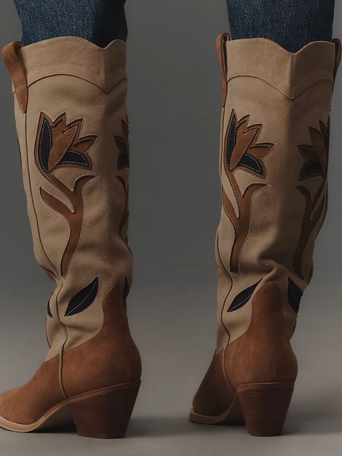 Contrast Tan And Brown Faux Suede Snip-Toe Flower Inlay Wide Mid Calf Cowgirl Boots