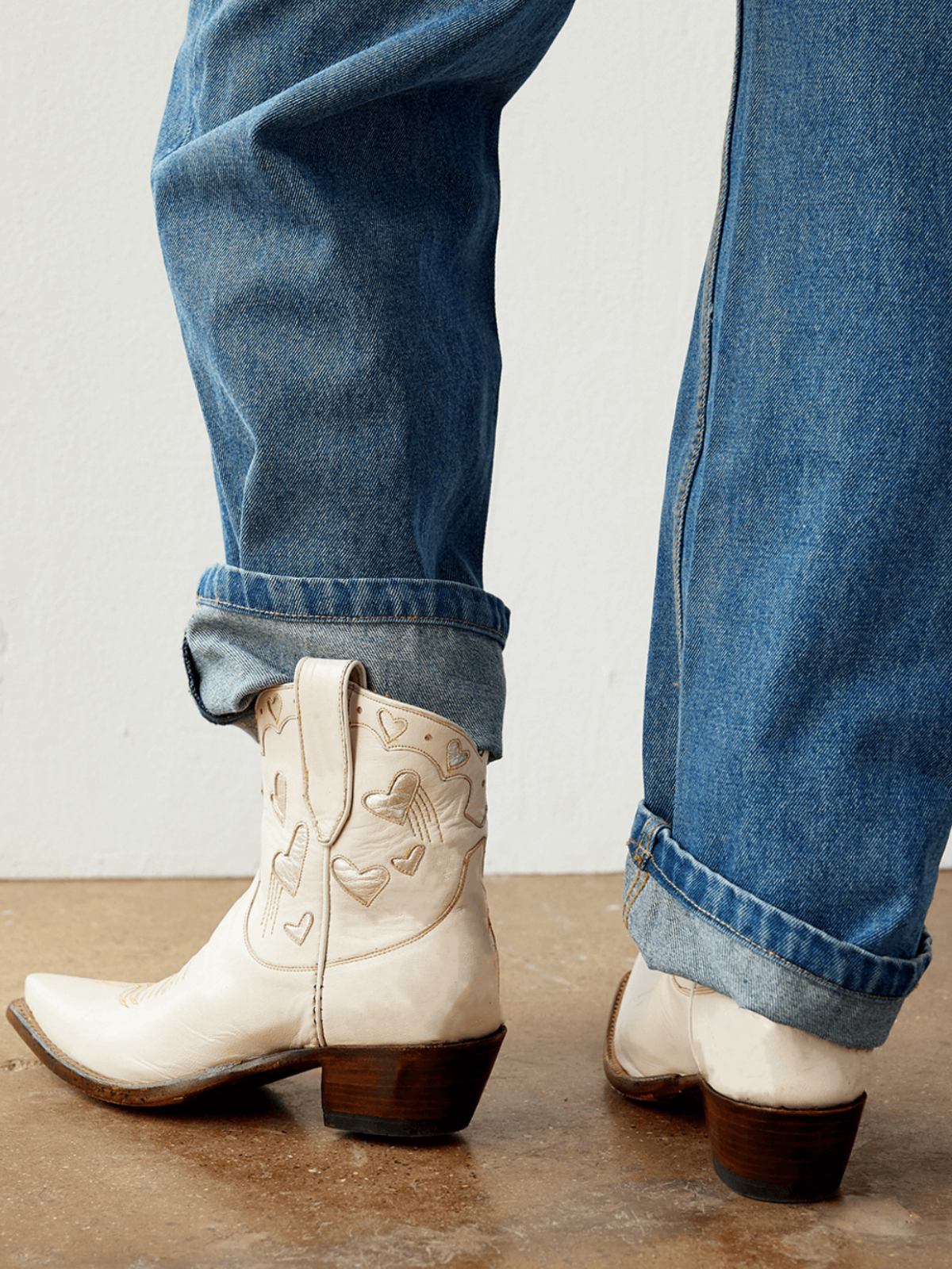 Cream Snip-Toe Western Ankle Booties With Metallic Gold Heart Inlay