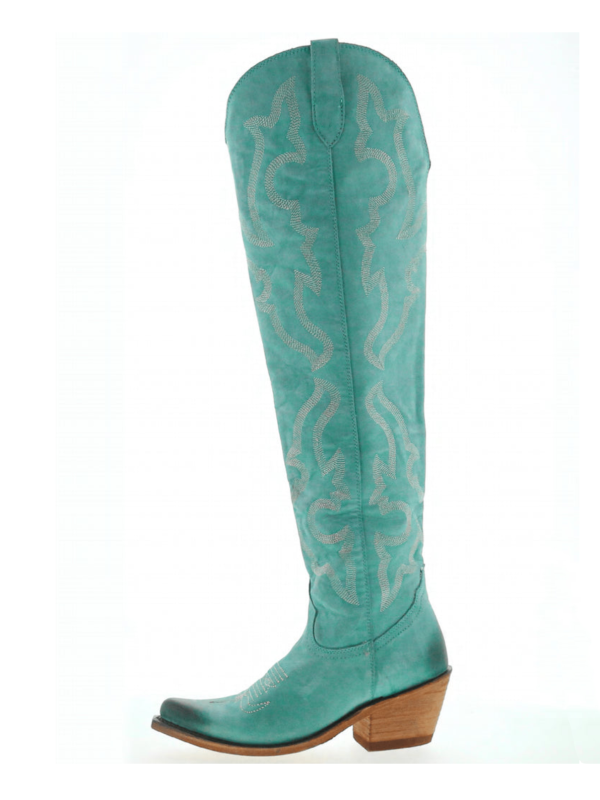 Turquoise Embroidery Pointed-Toe Half-Zip Over-The-Knee Cowgirl Boots