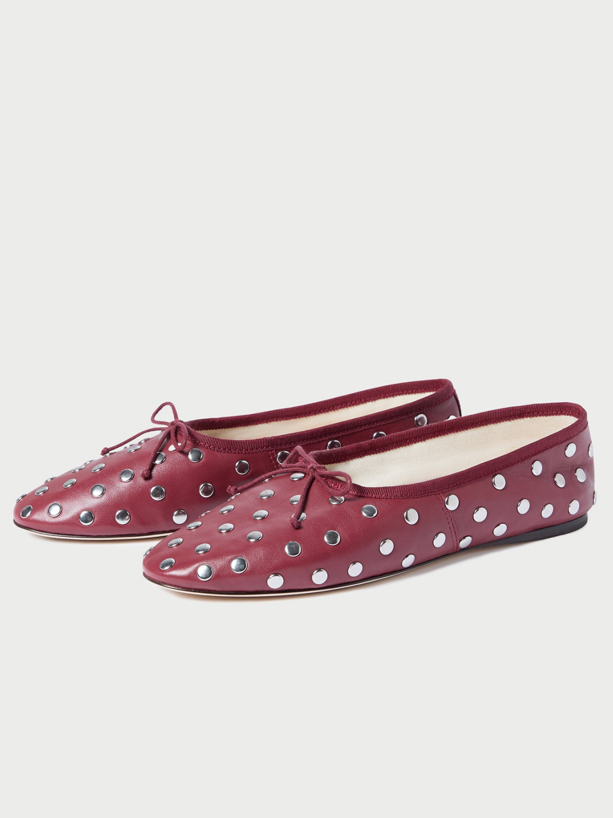 Wine Red Almond-Toe Bow Ballet Flats With Silver Studs