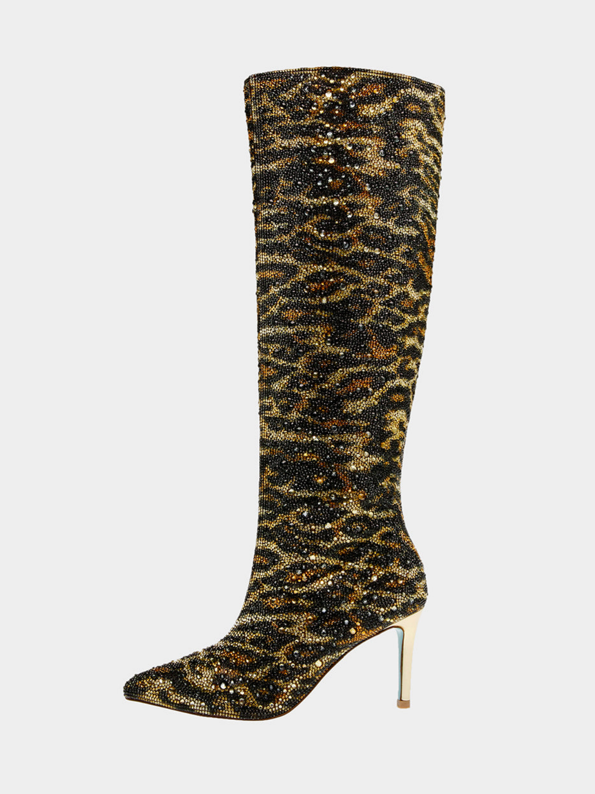 Leopard Pointed-Toe Rhinestone Full-Zip Mid Calf Stiletto Boots