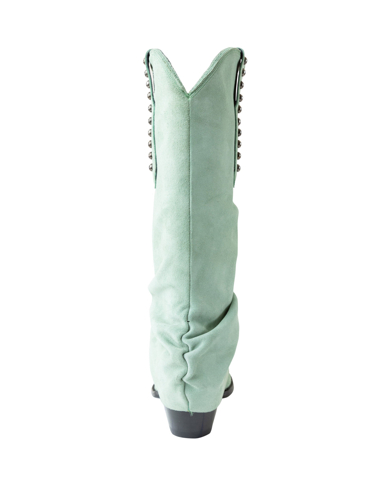 Light Green Faux Suede Snip-Toe Studded Tall Wide Mid Calf Fold-Over Slouch Cowgirl Boots