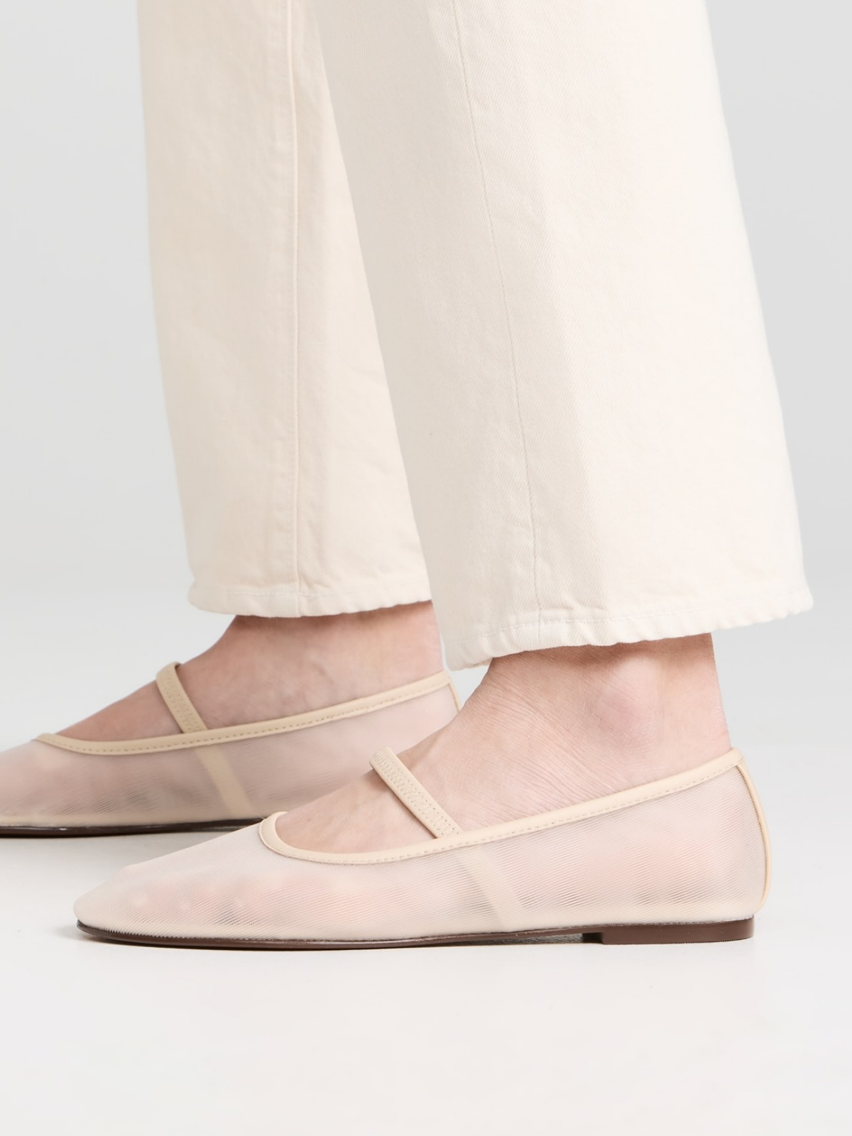 Nude Semi-Sheer Round-Toe Mesh Ballet Flats Mary Janes