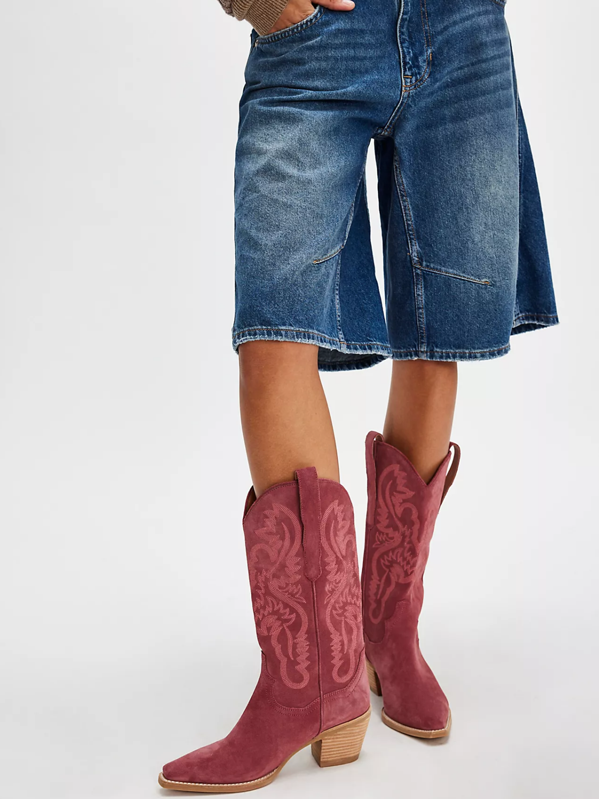 Pink Faux Suede Snip-Toe Embroidery Wide Mid Calf Cowgirl Boots