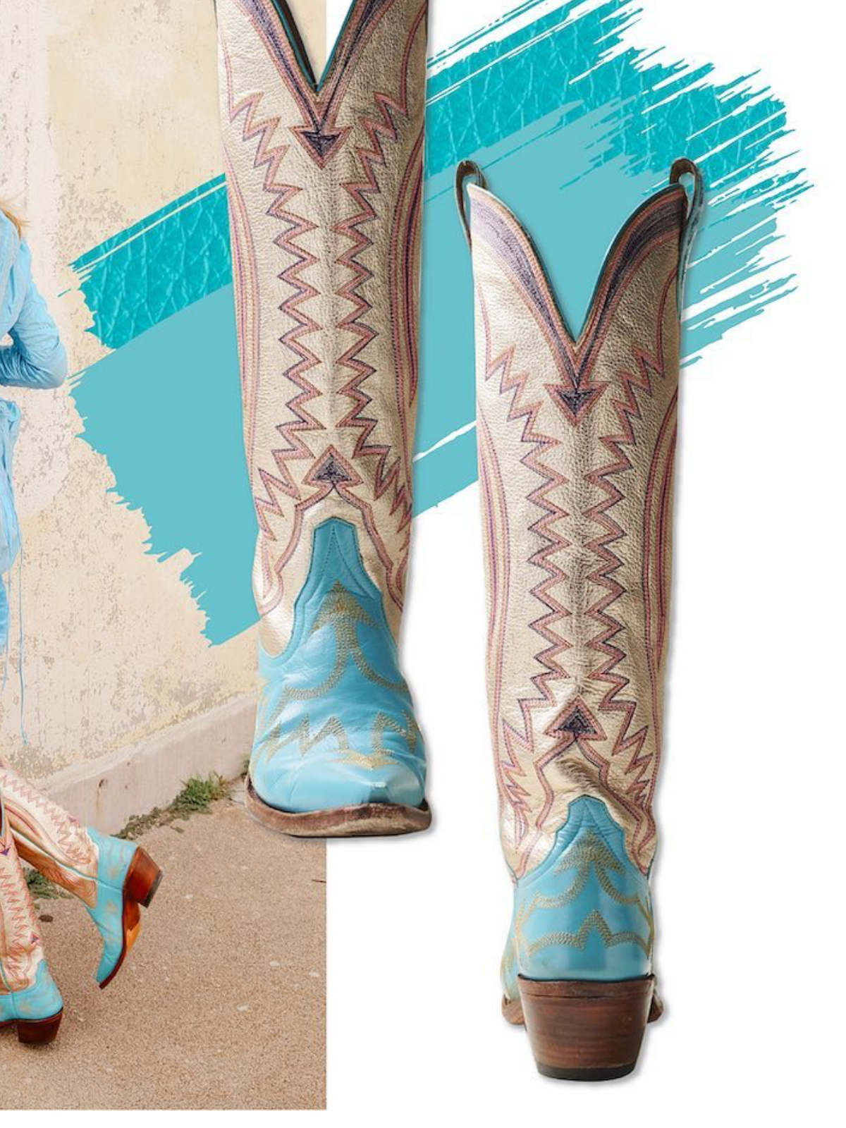 Contrast Blue And Metallic Rose Gold Snip-Toe Embroidery Wide Mid Calf Tall Cowgirl Boots