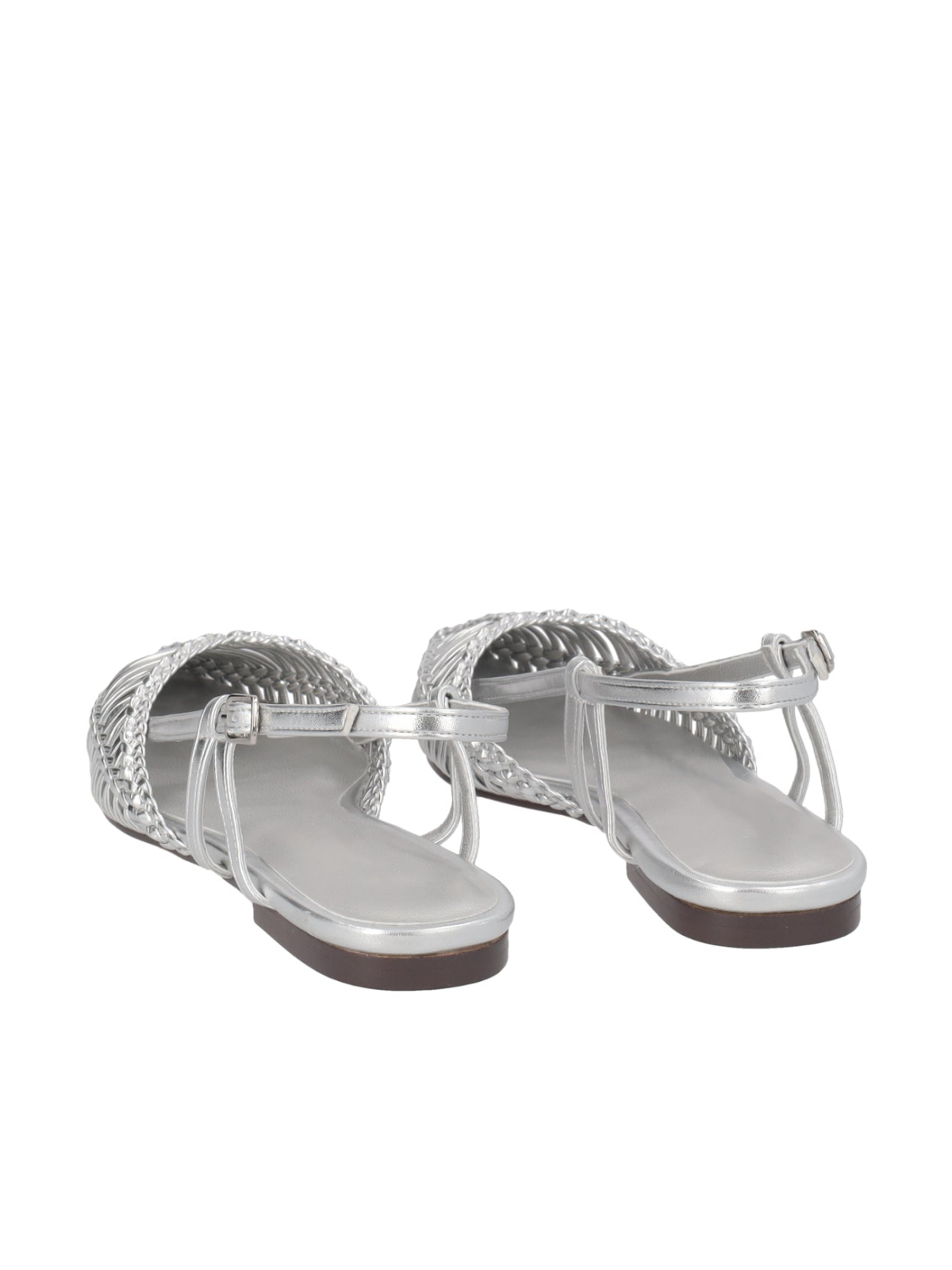 Metallic Silver Woven Pointy Slingback Ballerinas Flats With Buckled Strap