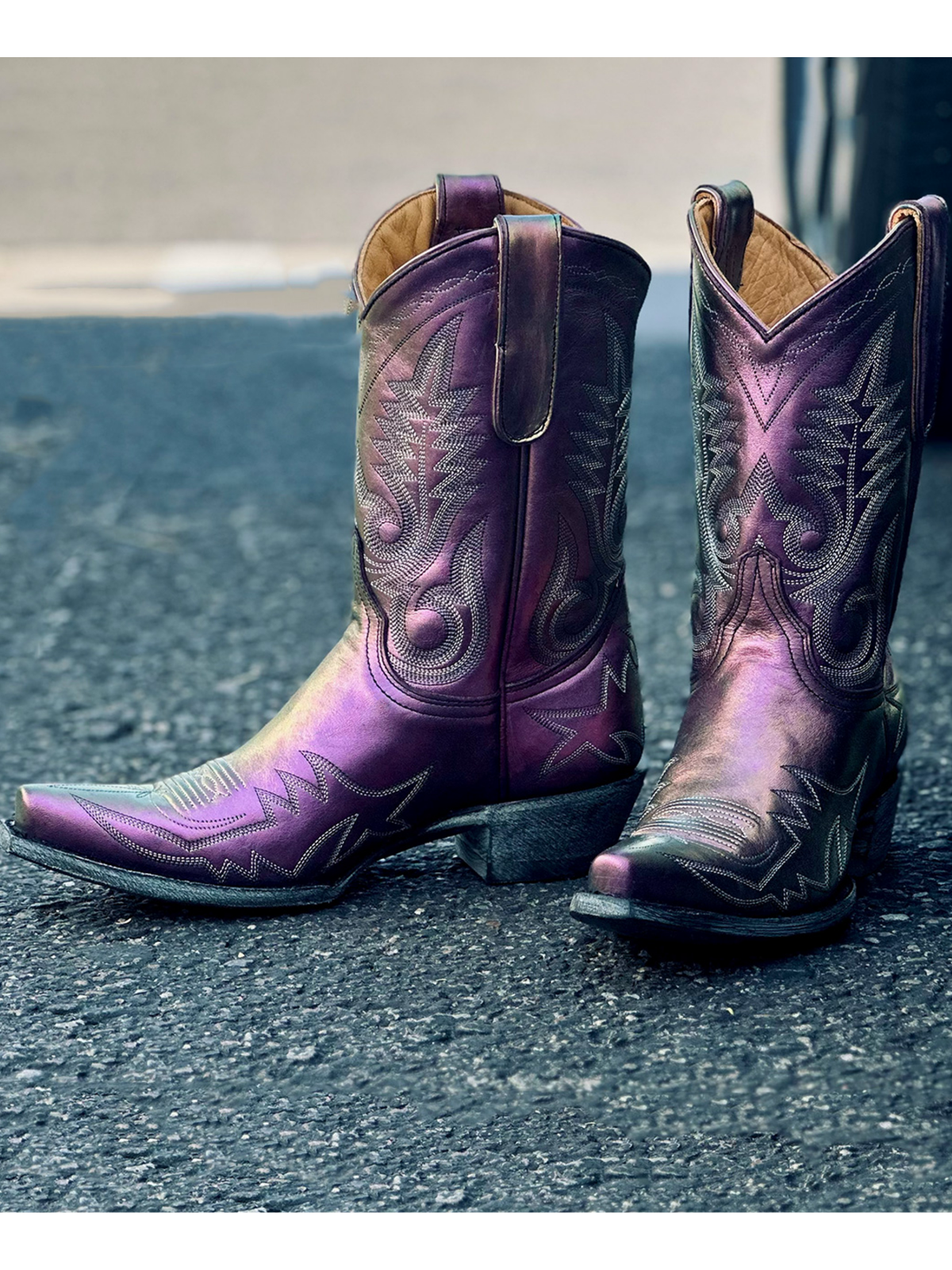 Metallic Iridescent Snip-Toe Embroidery Wide Mid Calf Cowgirl Boots