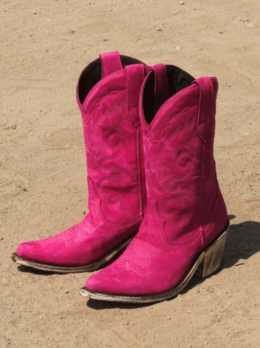 Embroidery Almond-Toe Wide Mid Calf Cowgirl Boots - Hot Pink Faux Suede