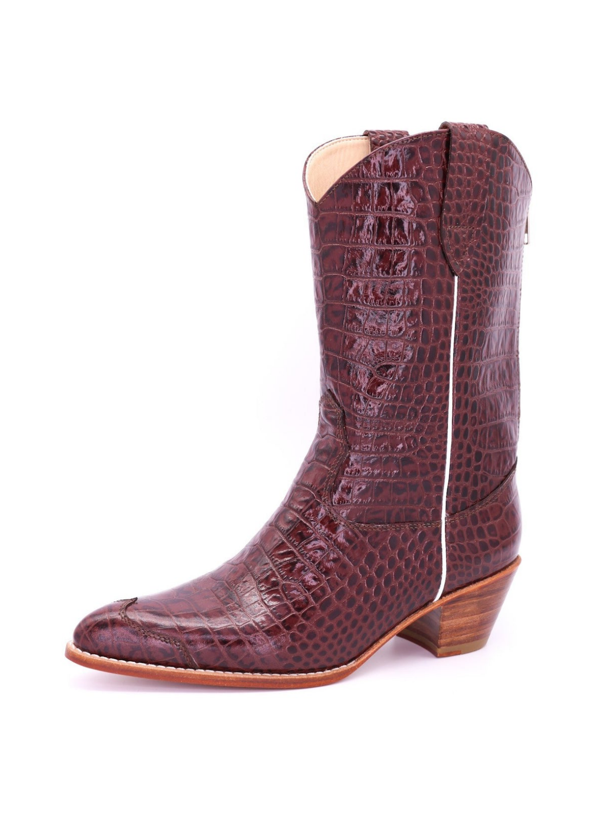 Red Crocodile-Embossed Vegan Leather Almond-Toe Back-Zip Mid Calf Cowgirl Boots