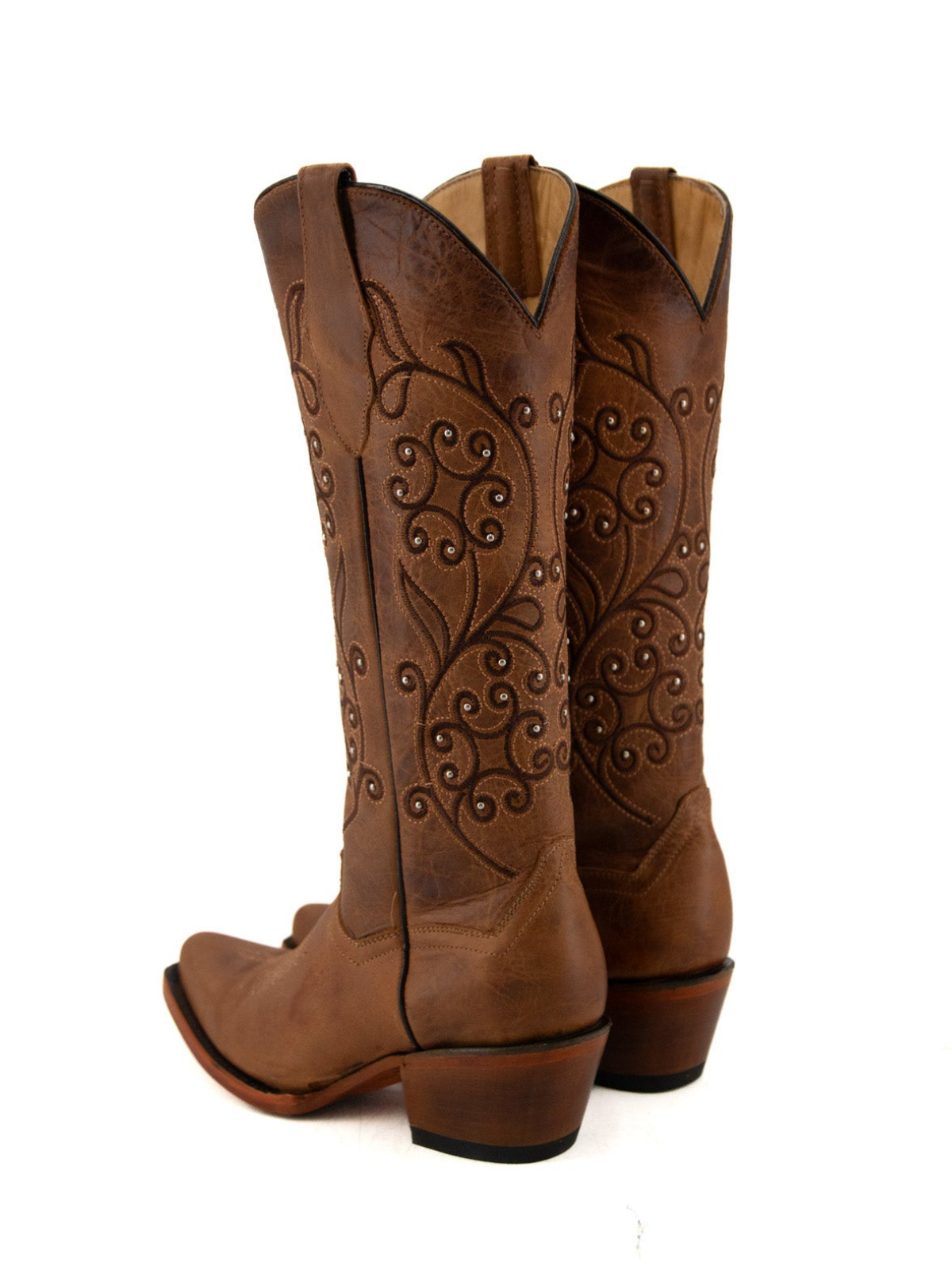 Dark Brown Studded Floral Embroidery Snip-Toe Wide Mid Calf Cowgirl Boots