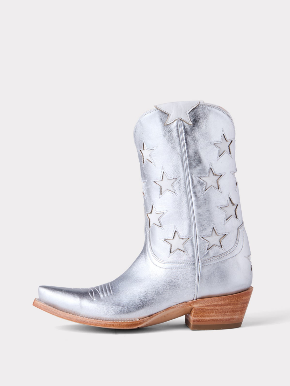 Metallic Star Inlays Snip-Toe Wide Mid Calf Western Boots For Women - Silver