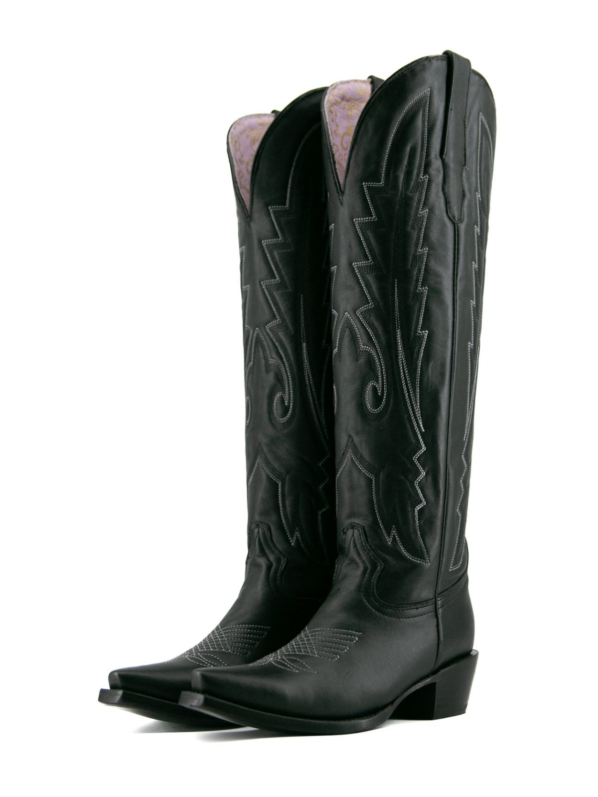 Black Snip-Toe Classic Embroidery Half-Zip Knee High Cowgirl Boots