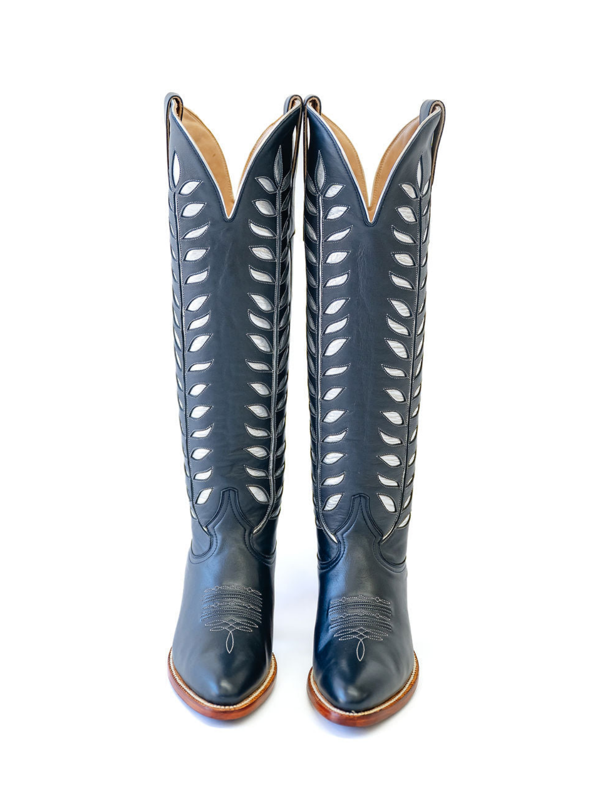 Almond-Toe Metallic Silver Leaves Inlay Wide Calf Tall Knee High Cowgirl Boots - Blue