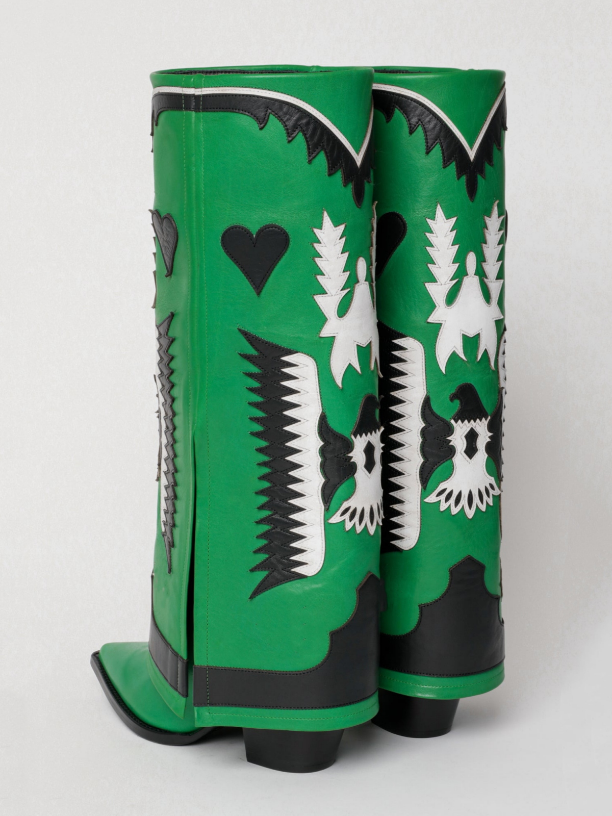 Fold-Over Panel Eagle And Heart Applique Snip-Toe Wide Mid Calf Boots - Green