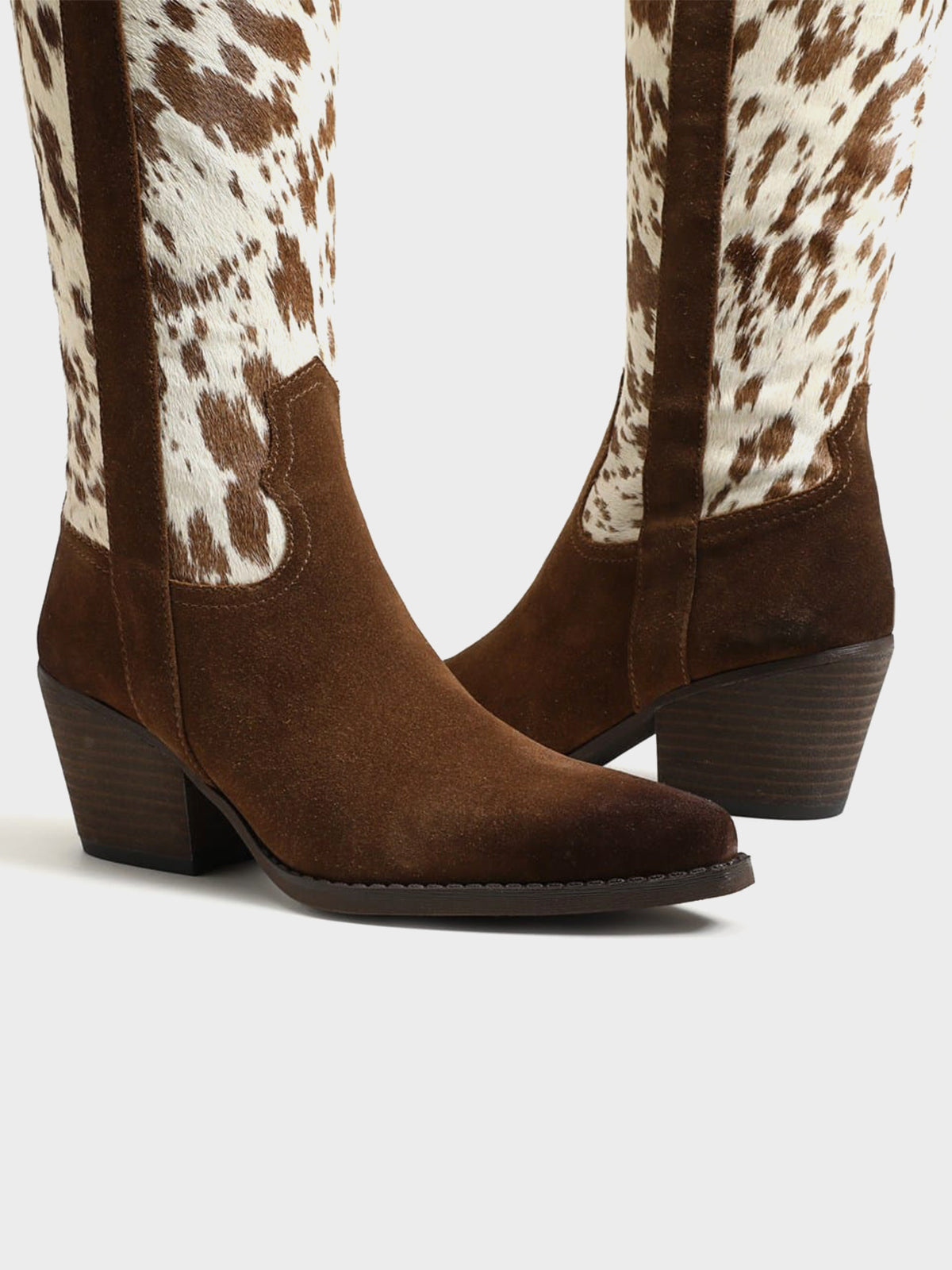 Pointed-Toe Chic Western Half-Zip Knee High Cowgirl Boots - Cow Pattern And Brown