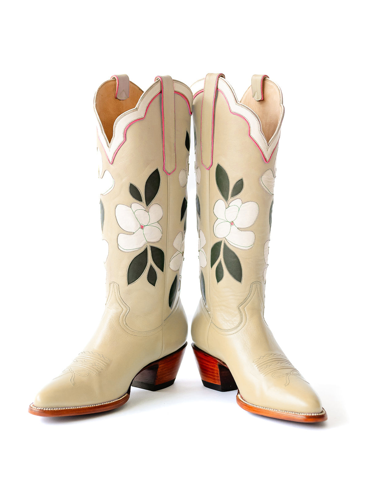 Cream Almond-Toe White Flower Inlay Wide Calf Knee High Cowgirl Boots