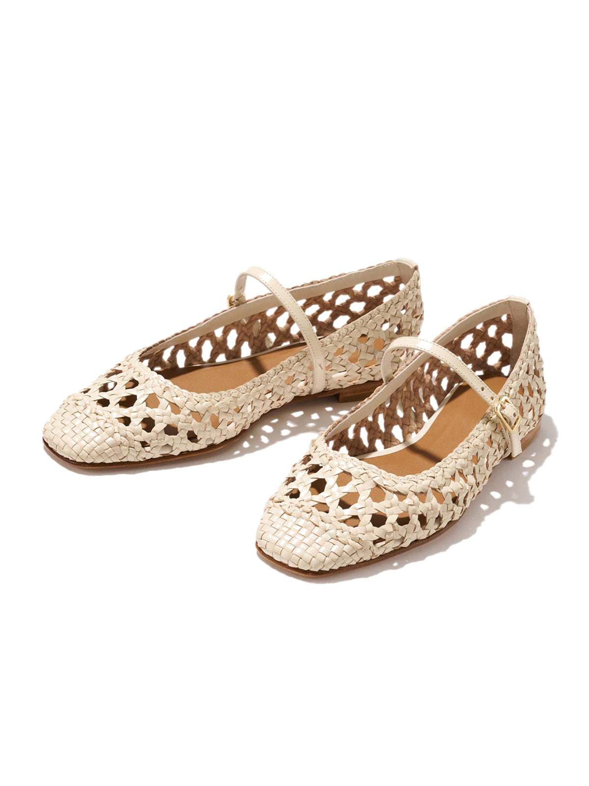 Ivory Woven Vegan Leather Square-Toe Chic Mary Jane Flats
