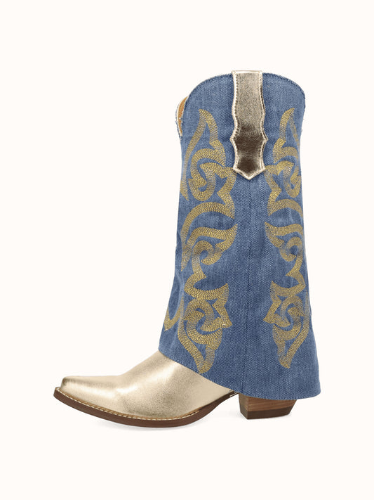 Blue Denim And Gold Snip-Toe Embroidery Fold-Over Wide Calf Knee High Cowgirl Boots