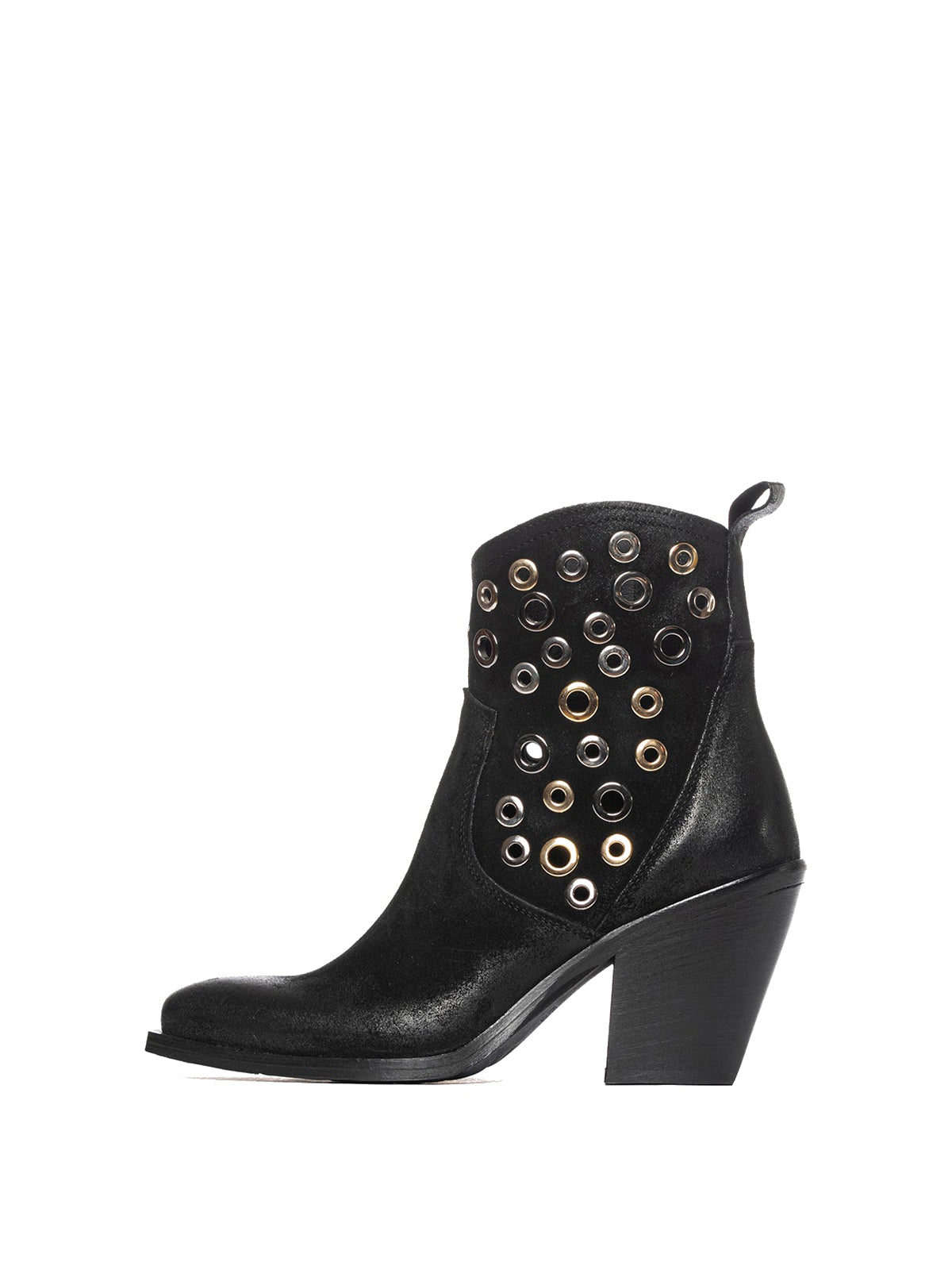 Black Faux Suede Snip-Toe Eyelets Full-Zip Ankle Cowgirl Boots
