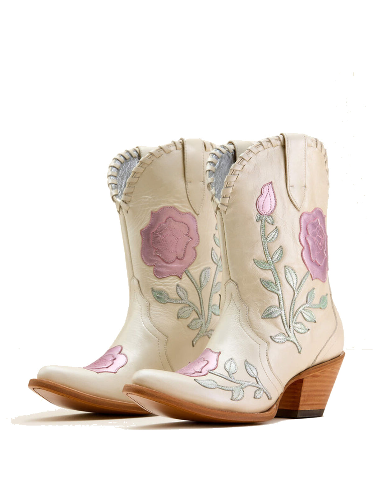 Ivory Almond-Toe Big Metallic Rose Applique Ankle Cowgirl Boots