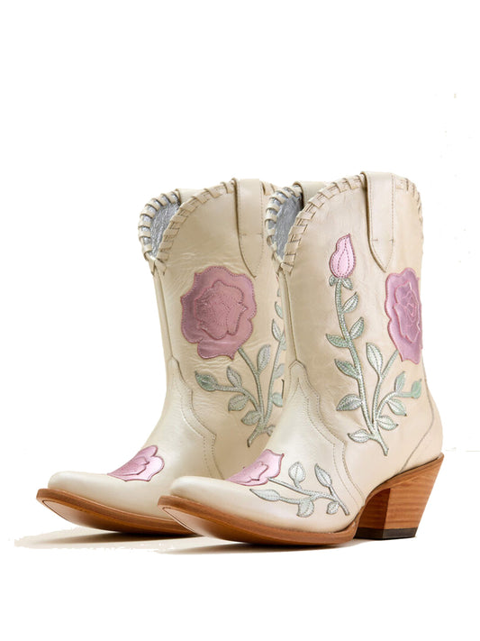 Ivory Almond-Toe Big Metallic Rose Applique Ankle Cowgirl Boots