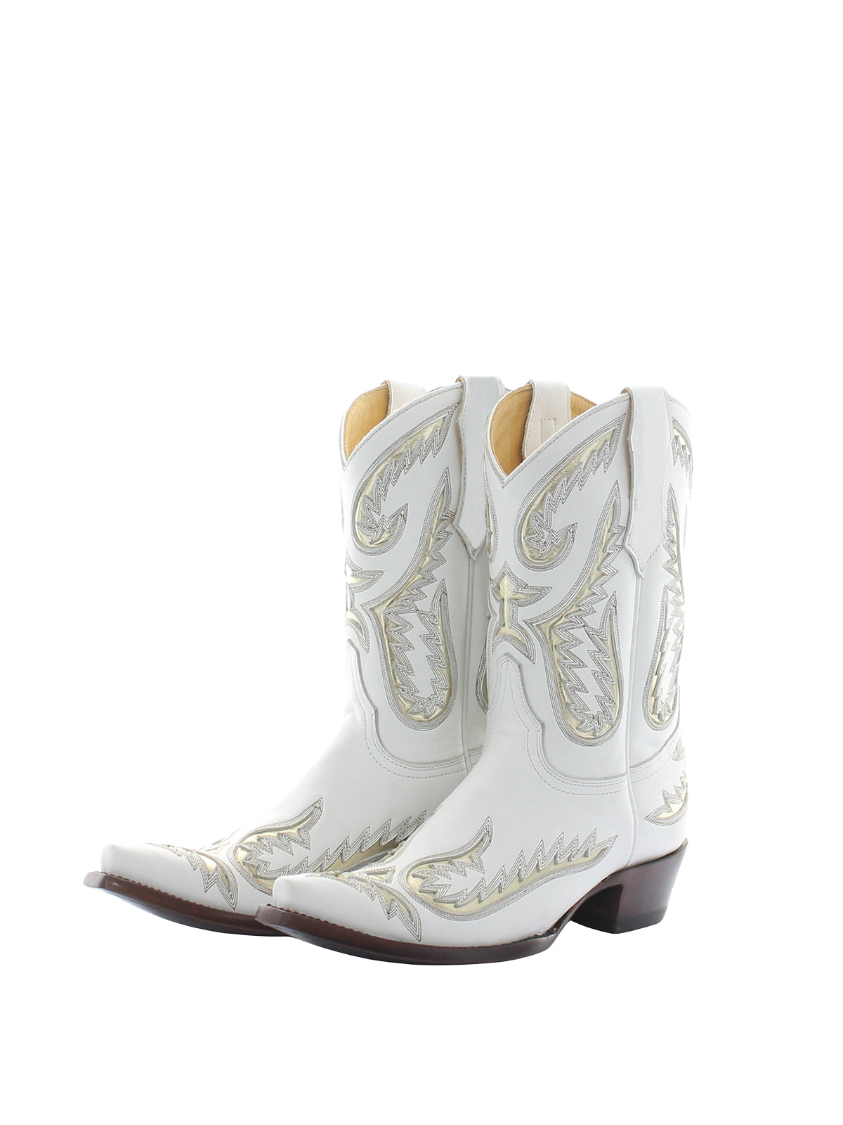 White Snip-Toe Embroidery Metallic Gold Inlay Mid Calf Cowgirl Boots