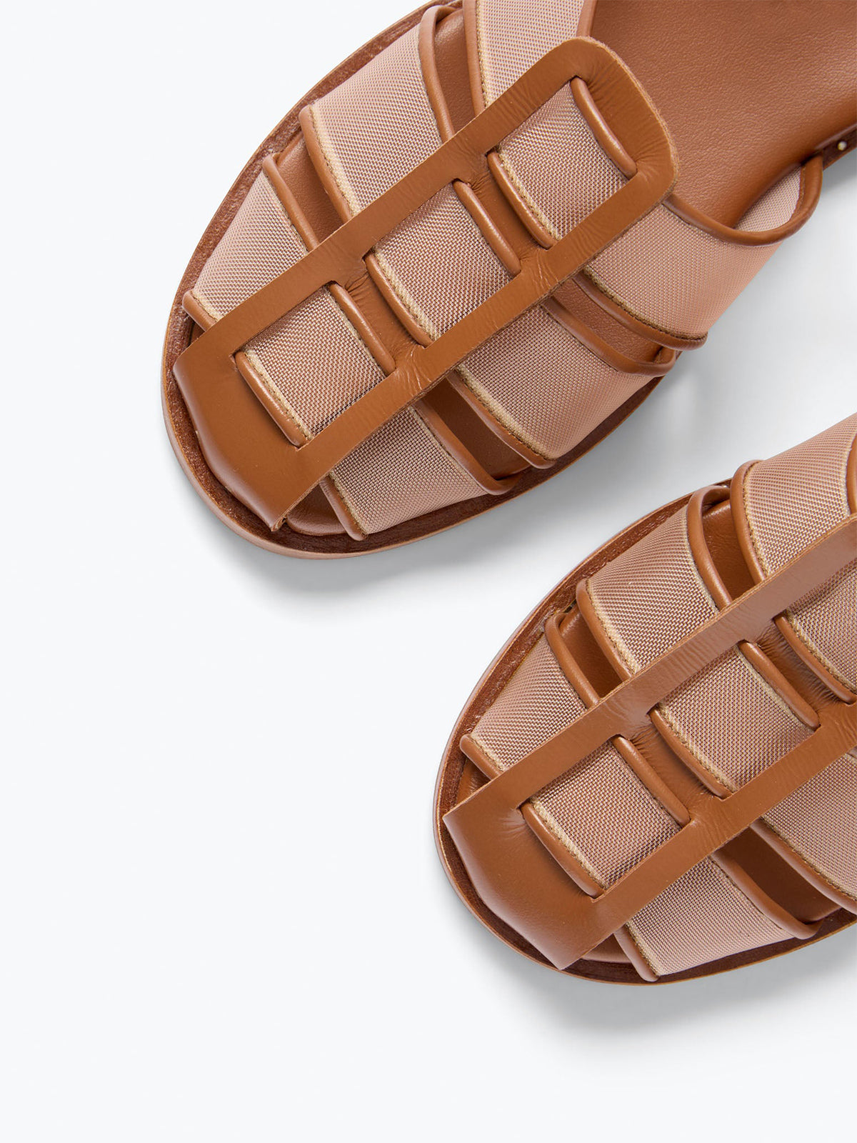 Brown Mesh Round-Toe Ankle Strap Fisherman Sandals Flats
