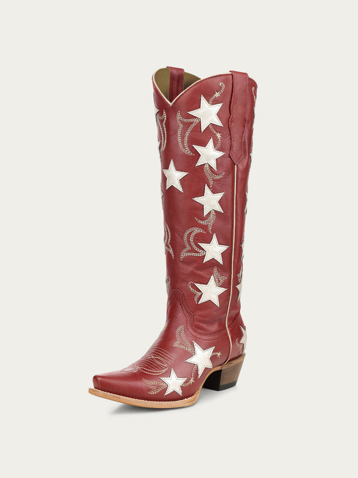 Red Snip-Toe Chic Star Inlay With Embroidery Wide Calf Knee High Cowgirl Boots