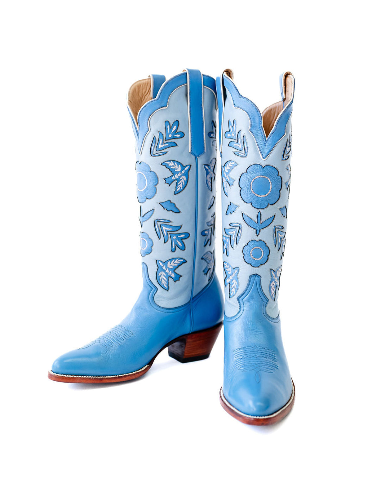 Blue Round-Toe Birds Leaves Flowers Inlay Wide Calf Knee High Cowgirl Boots