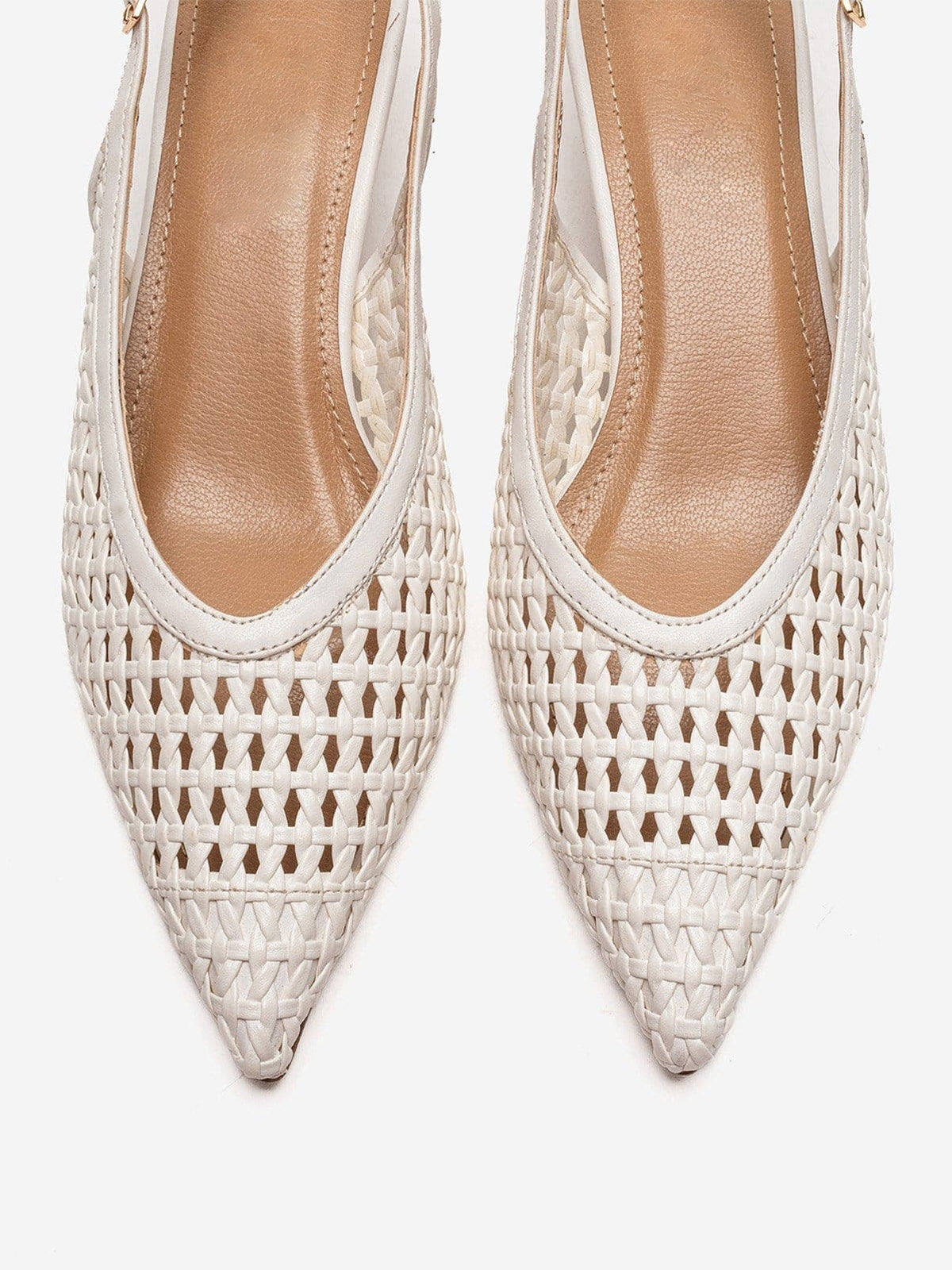 White Woven Vegan Leather Pointed-Toe Classic Back Strap Pumps Kitten Heels
