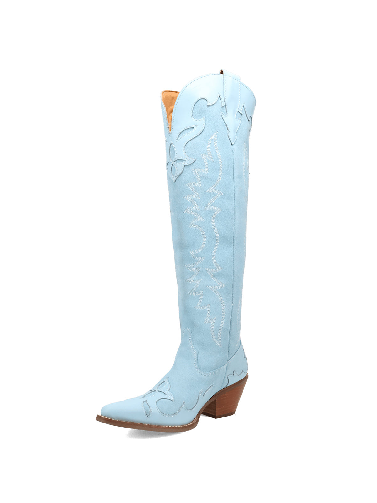 Blue Faux Suede Snip-Toe Embroidery Vegan Leather Applique Wide Calf Knee High Cowgirl Boots