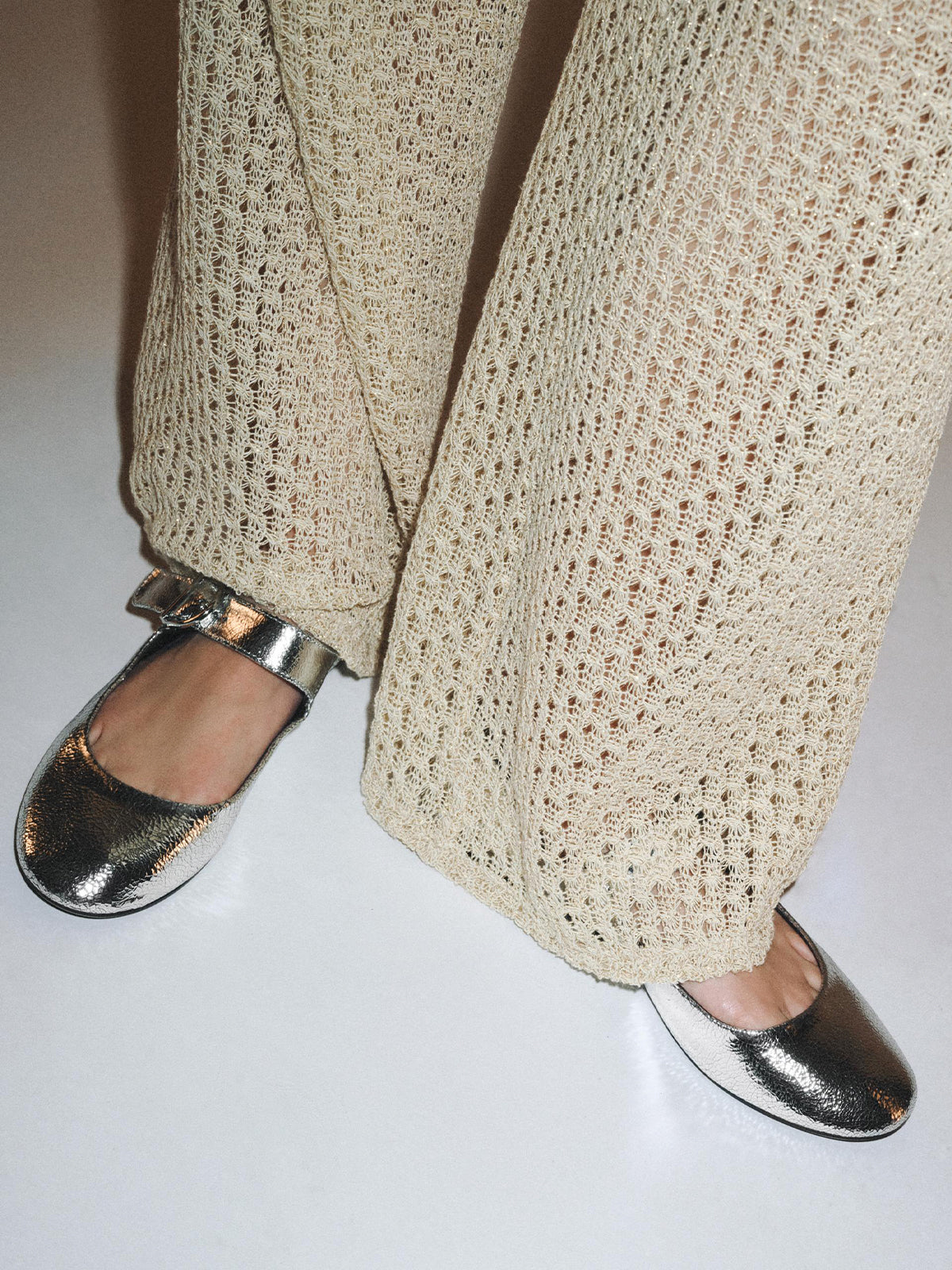 Metallic Silver Round-Toe Bridge Strap Ballet Flats