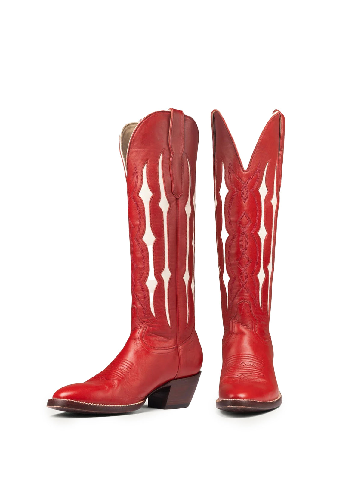 Red Contrast Bone Inlay Stitch Almond-Toe Wide Knee High Western Cowgirl Boots