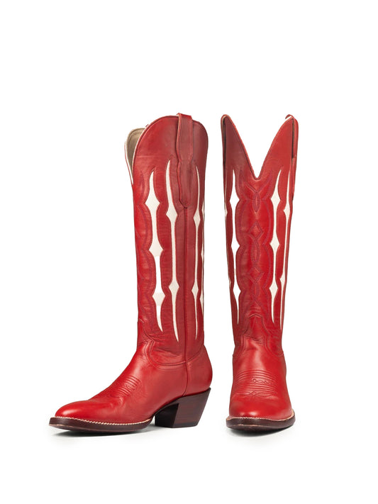 Red Contrast Bone Inlay Stitch Almond-Toe Wide Knee High Western Cowgirl Boots