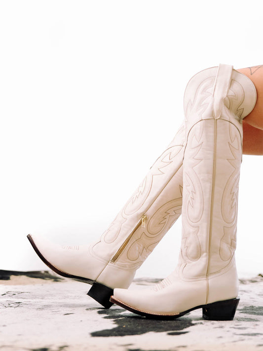 Bone Snip-Toe Half-Zip Embroidery Tall Over-The-Knee Cowgirl Boots