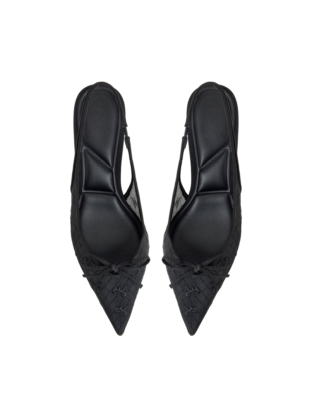 Black Mesh Pointed-Toe Front Bow And Bow Embroidery Slingback Kitten Heels
