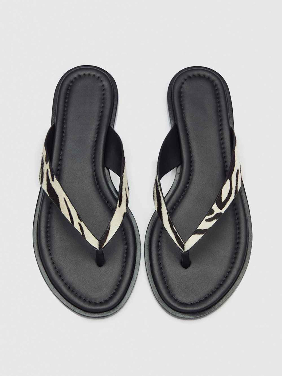 Classic Zebra Pattern Pony Hair Vegan Leather Round-Toe Flip-Flop Slip-On Flats Sandals