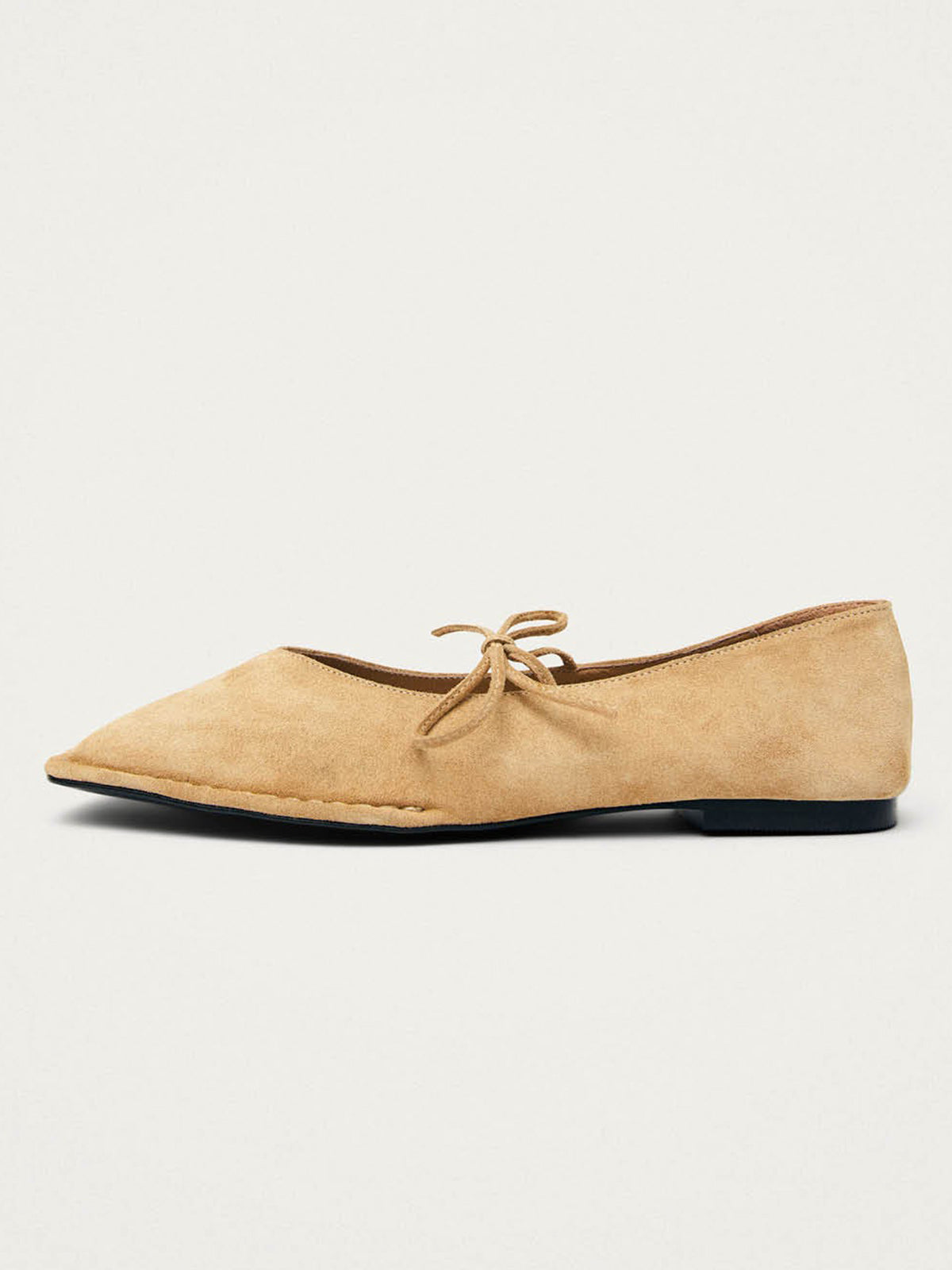 Sand Faux Suede Square-Toe Middle Strap Simple Chic Ballet Flats