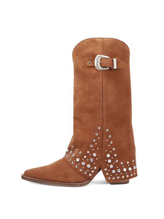 Brown Faux Suede Snip-Toe Fold-Over Rhinestones Top Buckle Mid Calf Cowgirl Boots