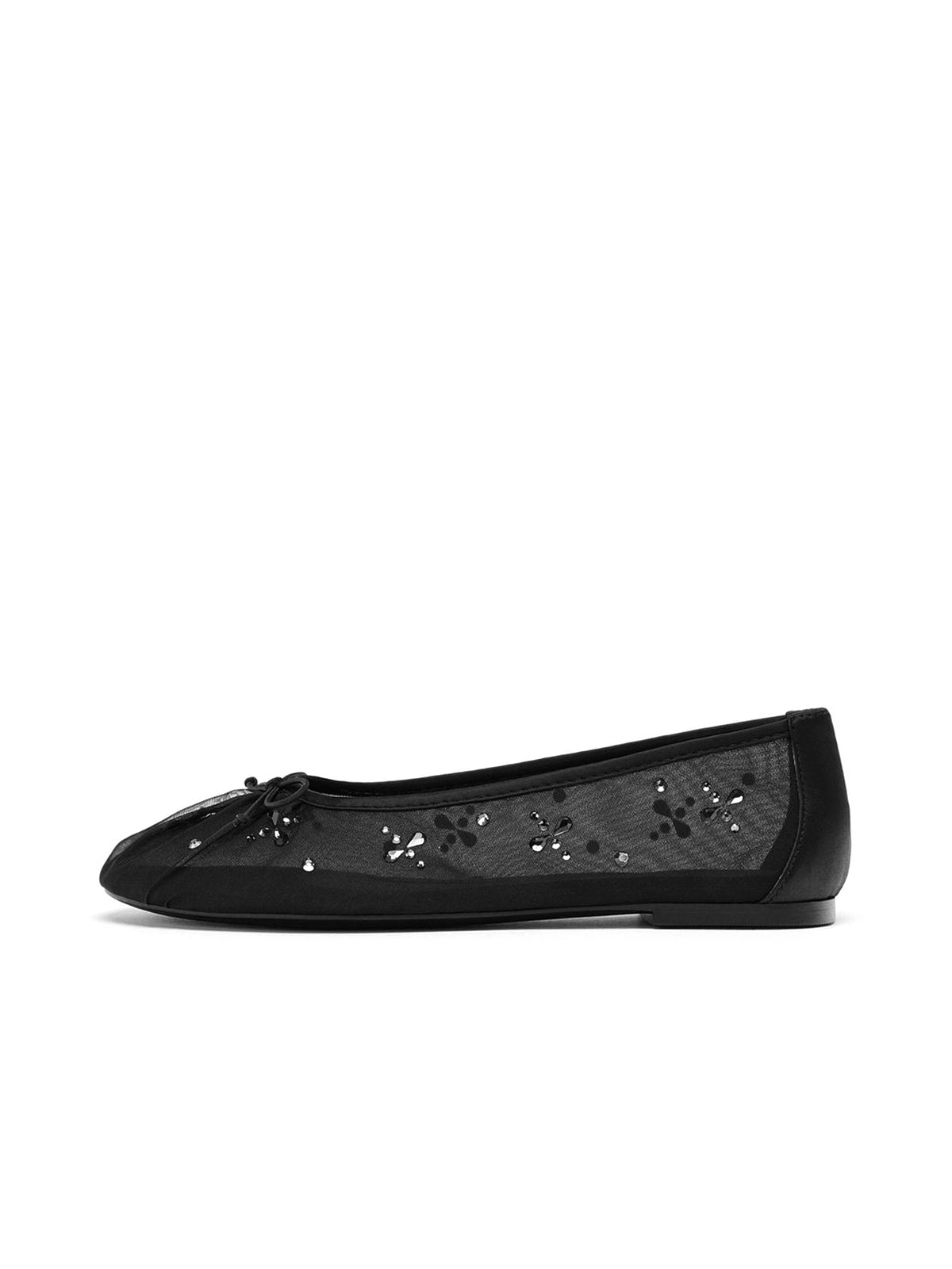 Black Mesh Round-Toe Crystals Ballet Flats With Front Bow